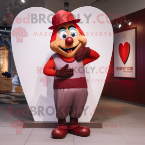 Maroon Heart mascot costume character dressed with a Overalls and Cummerbunds