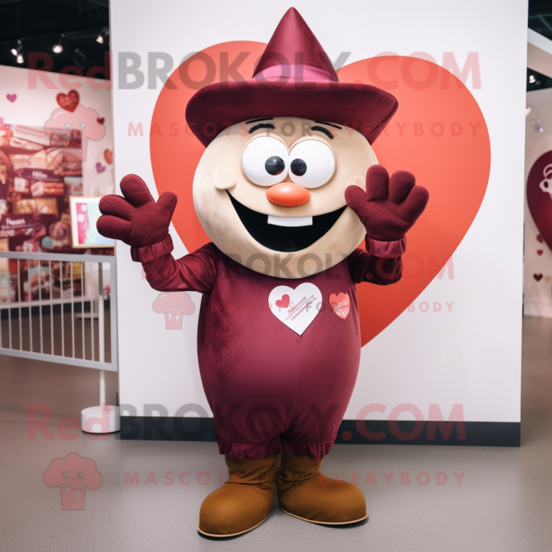 Maroon Heart mascot costume character dressed with a Overalls and Cummerbunds