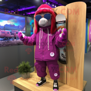 Magenta Skateboard mascot costume character dressed with a Parka and Earrings