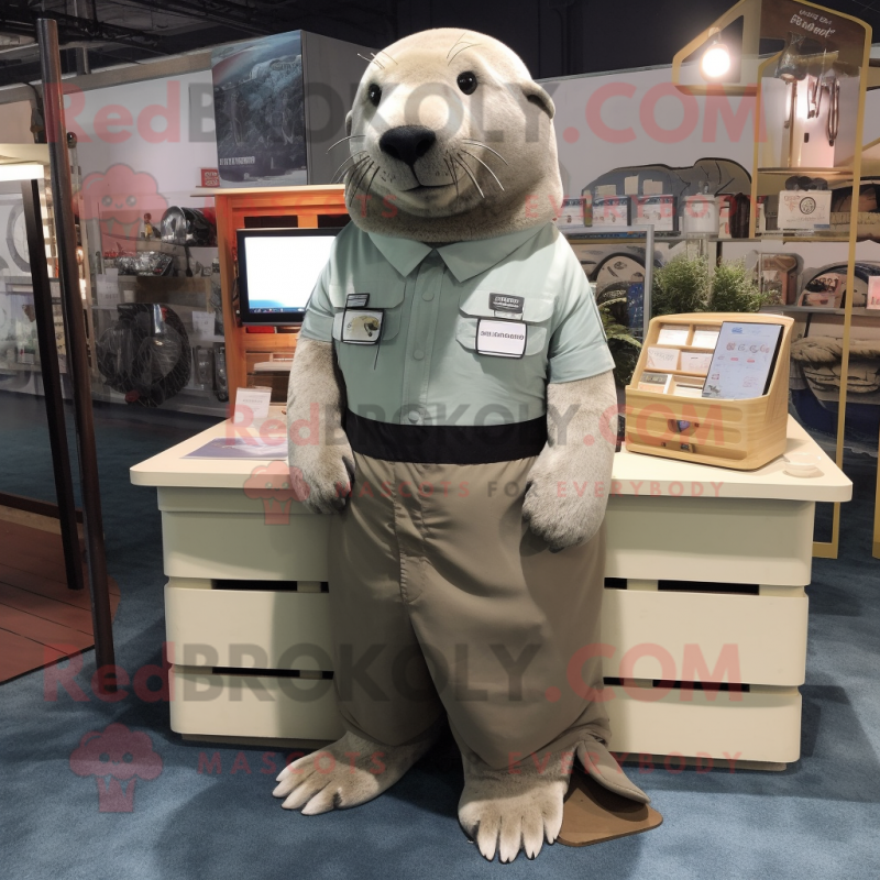 Silver Sea Lion mascot costume character dressed with a Cargo Shorts and Tie pins