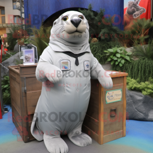 Silver Sea Lion mascot costume character dressed with a Cargo Shorts and Tie pins