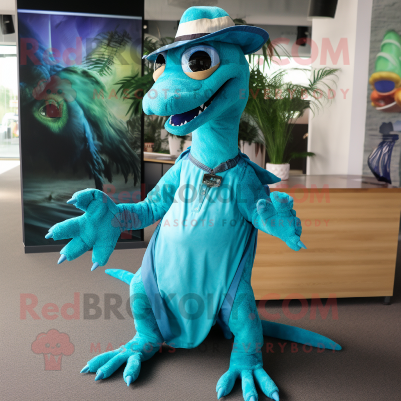 Turquoise Deinonychus mascot costume character dressed with a Midi ...