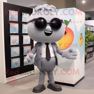 Gray Cherry mascot costume character dressed with a Suit Pants and Reading glasses