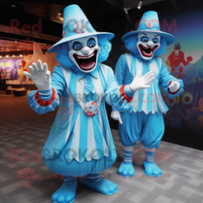 Sky Blue Evil Clown mascot costume character dressed with a Bikini and Berets