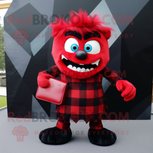 Red Vampire mascot costume character dressed with a Flannel Shirt and Clutch bags