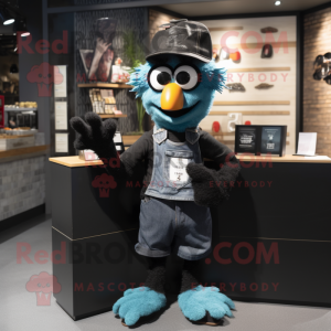 Black Butter Chicken mascot costume character dressed with a Denim Shorts and Beanies