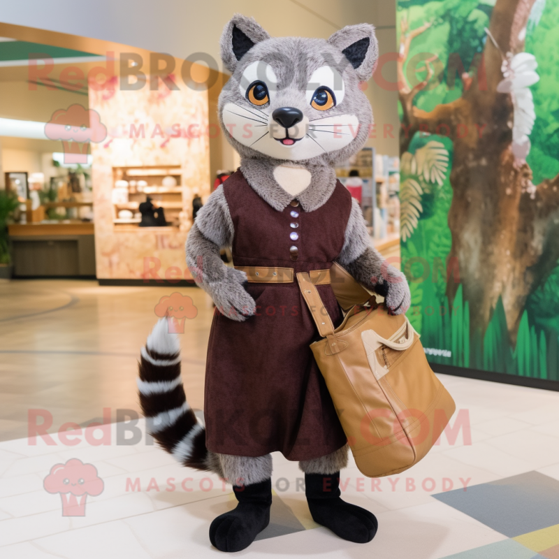 Brown Civet mascot costume character dressed with a Sheath Dress and Messenger bags