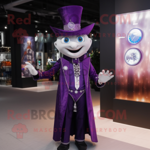 Purple Magician mascot costume character dressed with a Waistcoat and Bracelet watches