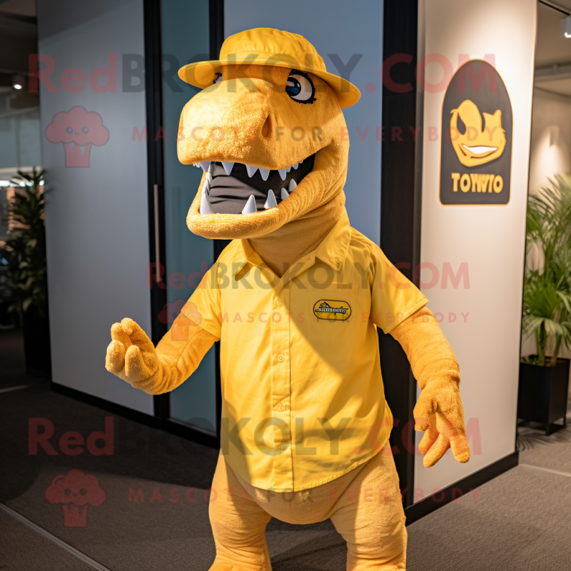 Yellow T Rex mascot costume character dressed with a Chinos and Hat pins