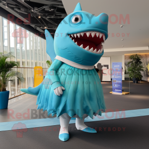 Sky Blue Megalodon mascot costume character dressed with a Pleated Skirt and Foot pads