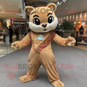 Tan Flying Squirrel mascot costume character dressed with a Jumpsuit and Necklaces