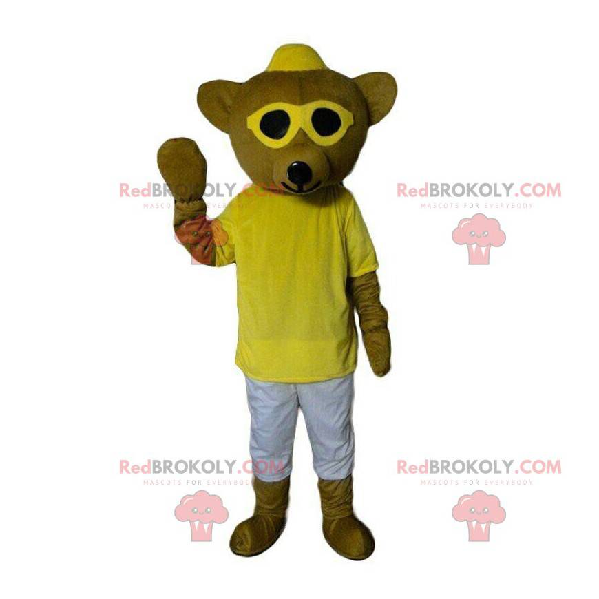 Mascotte orsacchiotto con occhiali, costume da orso giallo