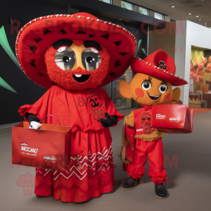 Red Nachos mascot costume character dressed with a Blouse and Handbags