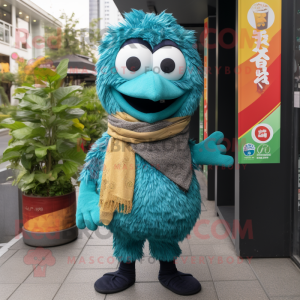 Teal Ramen mascot costume character dressed with a Jeans and Scarves