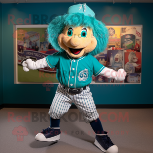 Turquoise Irish Dancer mascot costume character dressed with a Baseball Tee and Cummerbunds