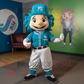 Turquoise Irish Dancer mascot costume character dressed with a Baseball Tee and Cummerbunds
