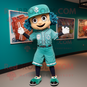 Turquoise Irish Dancer mascot costume character dressed with a Baseball Tee and Cummerbunds