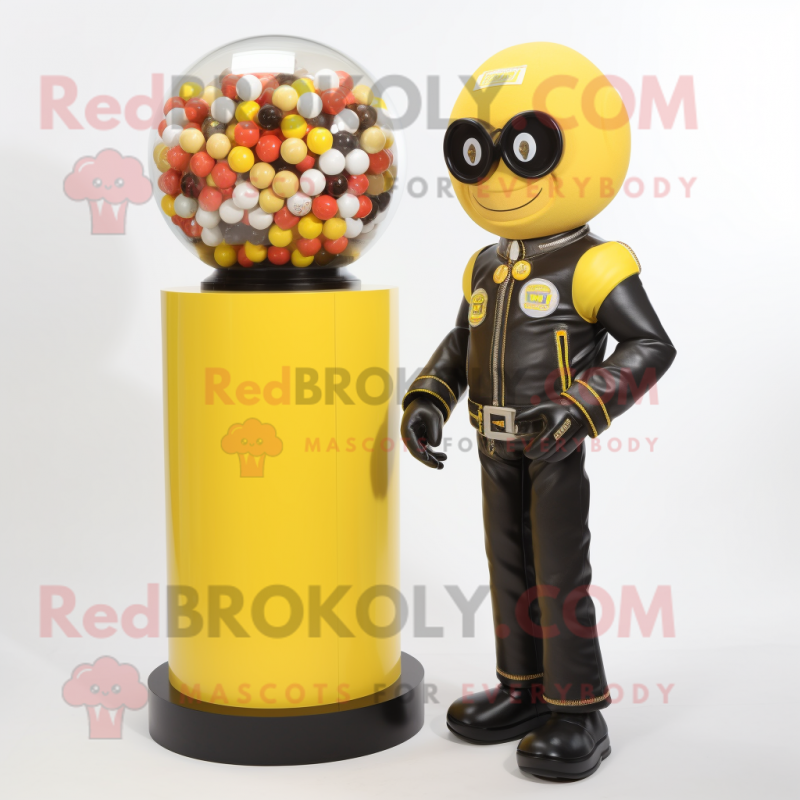 Lemon Yellow Gumball Machine mascot costume character dressed with a Biker Jacket and Rings