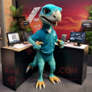 Teal Velociraptor mascot costume character dressed with a Running Shorts and Wallets