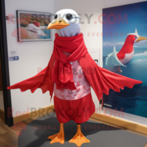 Red Seagull mascot costume character dressed with a Bermuda Shorts and Scarf clips