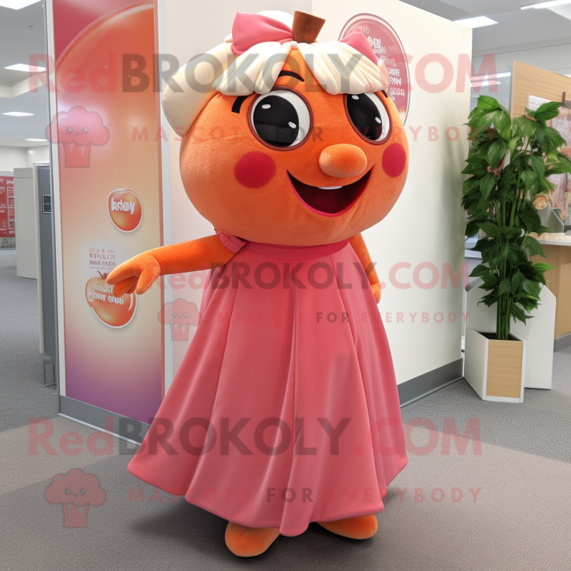 Peach Raspberry mascot costume character dressed with a Maxi Skirt and Tie pins