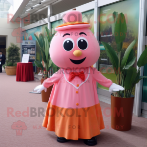 Peach Raspberry mascot costume character dressed with a Maxi Skirt and Tie pins