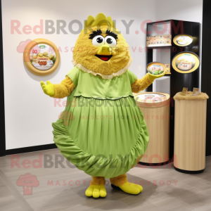 Olive Fried Chicken mascot costume character dressed with a Pleated Skirt and Coin purses
