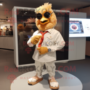 Beige Fried Chicken mascot costume character dressed with a Poplin Shirt and Bracelet watches