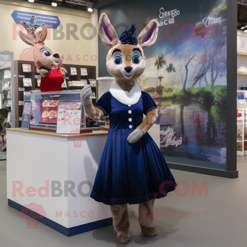 Navy Roe Deer mascot costume character dressed with a Midi Dress and Earrings