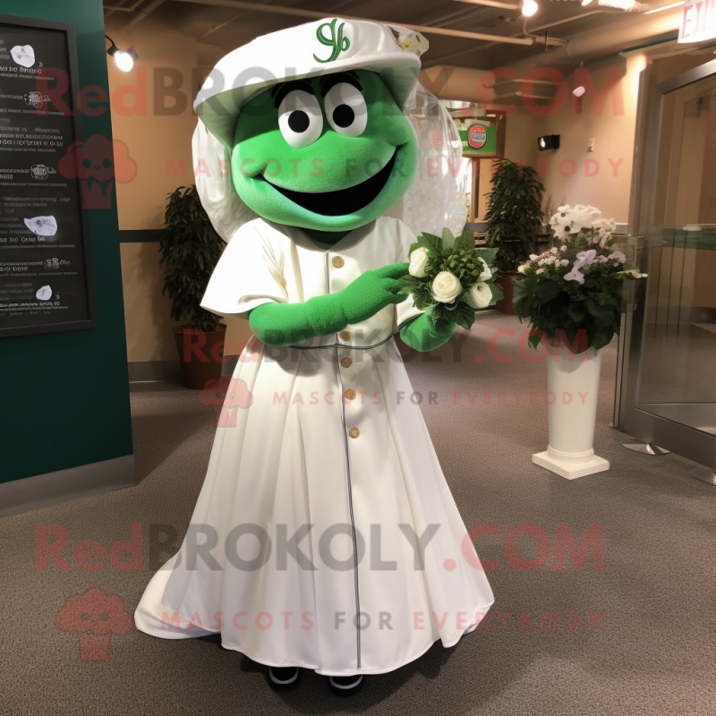 Green Baseball Glove mascot costume character dressed with a Wedding Dress and Hat pins