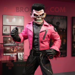 Pink Frankenstein'S Monster mascot costume character dressed with a Moto Jacket and Cufflinks