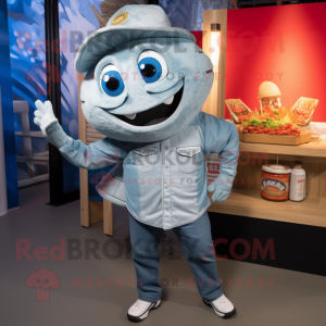 Silver Fish Tacos mascot costume character dressed with a Denim Shirt and Foot pads