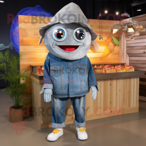 Silver Fish Tacos mascot costume character dressed with a Denim Shirt and Foot pads