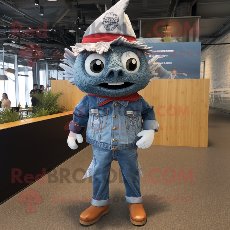 Silver Fish Tacos mascot costume character dressed with a Denim Shirt and Foot pads