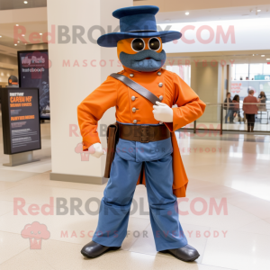 Orange Civil War Soldier mascot costume character dressed with a Jeans and Watches