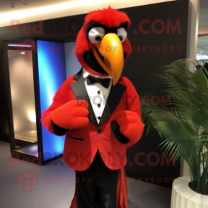 Red Macaw mascot costume character dressed with a Tuxedo and Bracelets