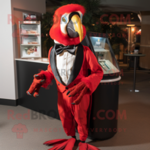 Red Macaw mascot costume character dressed with a Tuxedo and Bracelets