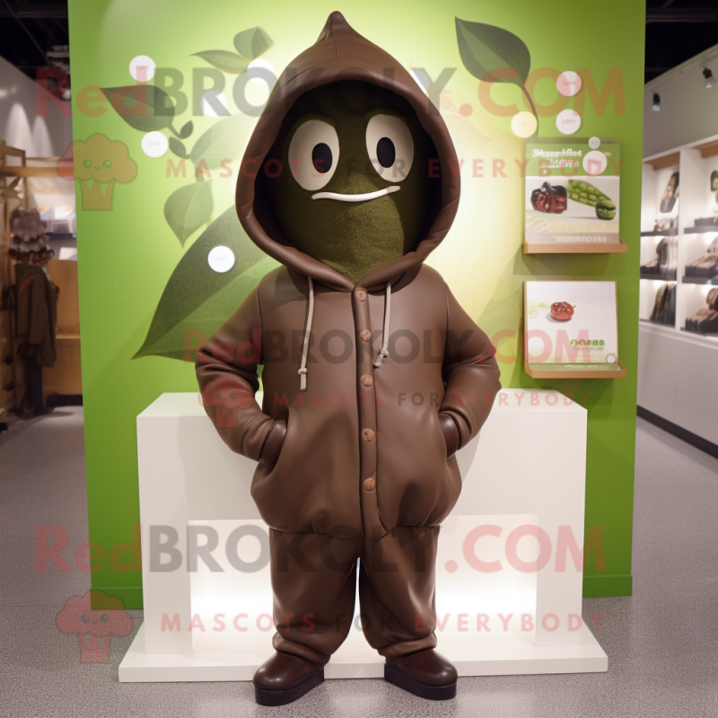 Olive Chocolates mascot costume character dressed with a Hoodie and Hats