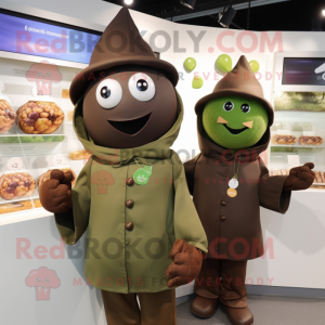 Olive Chocolates mascot costume character dressed with a Hoodie and Hats