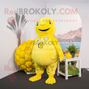 Lemon Yellow Glyptodon mascot costume character dressed with a Jumpsuit and Anklets