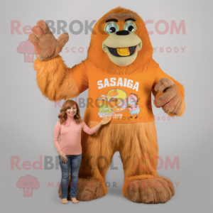 Peach Sasquatch mascot costume character dressed with a Mom Jeans and Scarves
