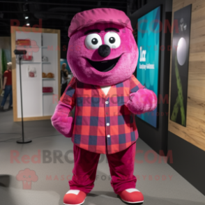 Magenta Raspberry mascot costume character dressed with a Flannel Shirt and Headbands