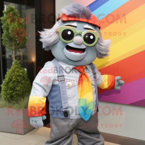 Gray Rainbow mascot costume character dressed with a Poplin Shirt and Sunglasses