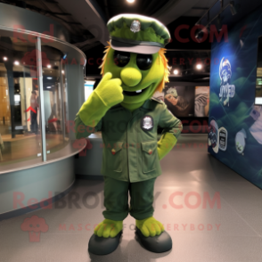 Green Navy Soldier mascot costume character dressed with a Long Sleeve Tee and Hair clips