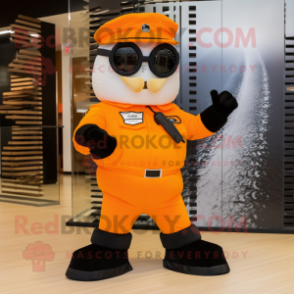 Orange Army Soldier mascot costume character dressed with a Tuxedo and Sunglasses