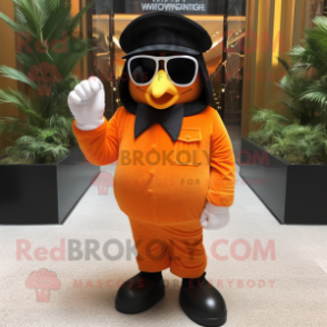 Orange Army Soldier mascot costume character dressed with a Tuxedo and Sunglasses