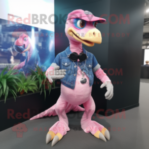 Pink Velociraptor mascot costume character dressed with a Denim Shorts and Bracelet watches