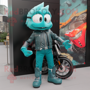 Teal Ice mascot costume character dressed with a Biker Jacket and Shoe clips