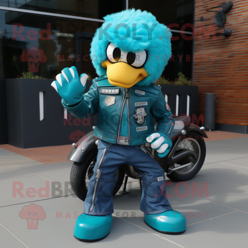 Teal Ice mascot costume character dressed with a Biker Jacket and Shoe clips