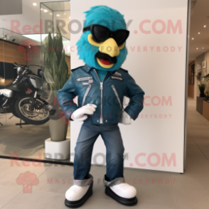 Teal Ice mascot costume character dressed with a Biker Jacket and Shoe clips